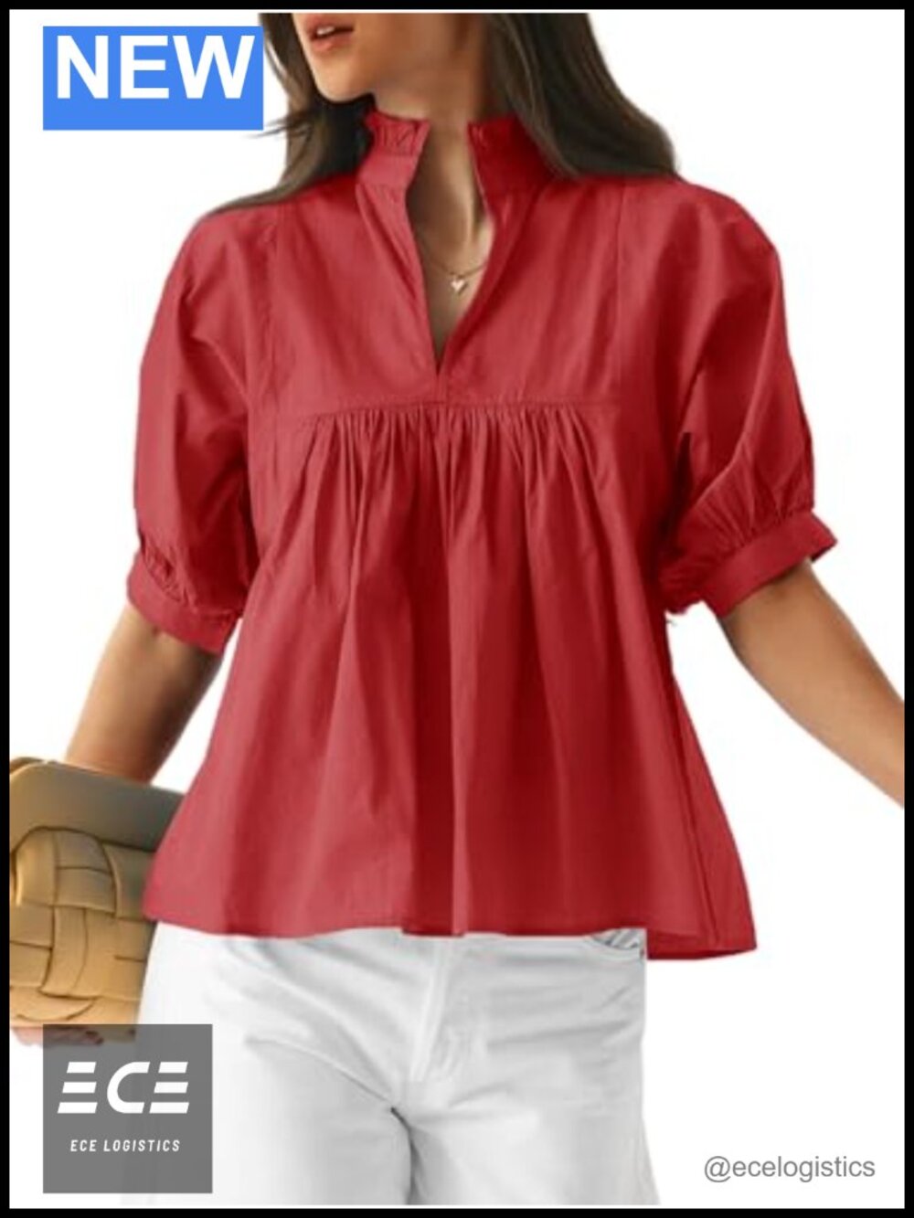 Womens Cotton Peplum Blouse V Neck Puff Sleeve Top